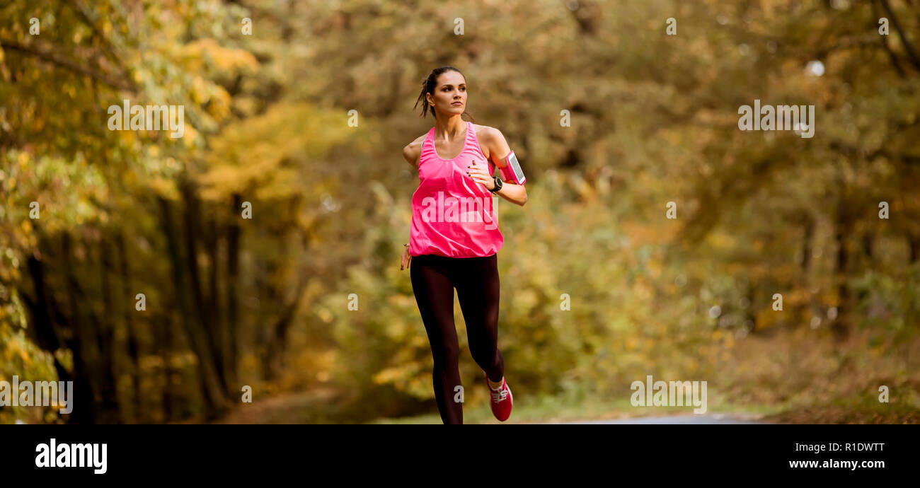 Young fitness woman running at forest trail in autumn Stock Photo - Alamy
