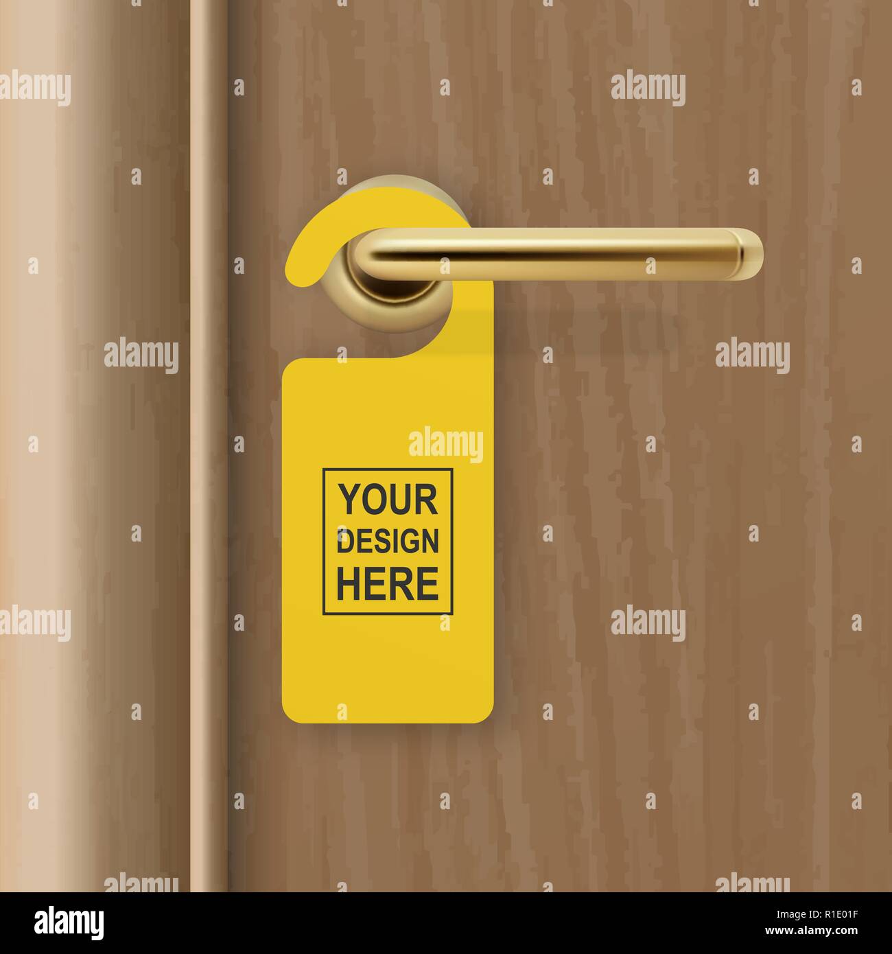 Download Vector Realistic Paper Yellow Door Hanger On Brown Realistic Wooden Door With Metal Gold Handle Background