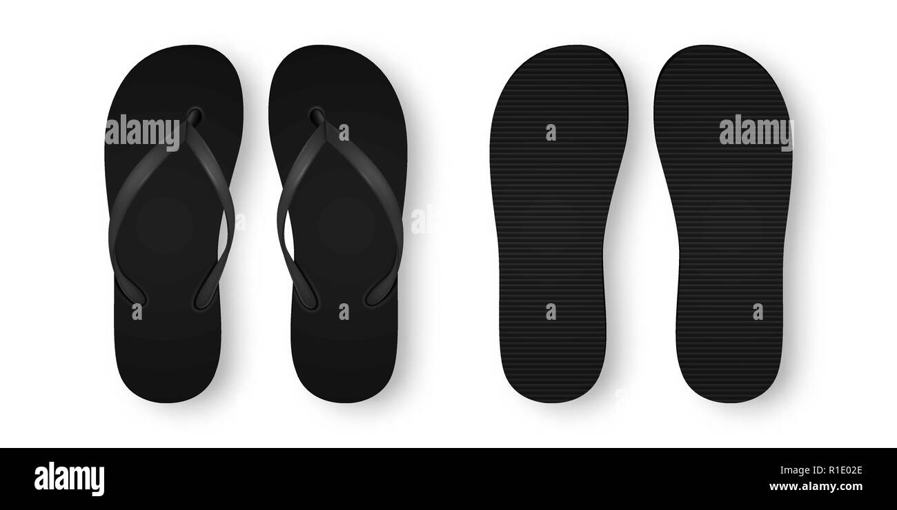 Vector Realistic 3d Black Blank Empty Flip Flop Set Closeup Isolated on White Background. Design Template of Summer Beach Flip Flops Pair For Advertise, Logo Print, Mockup. Front and Back View Stock Vector