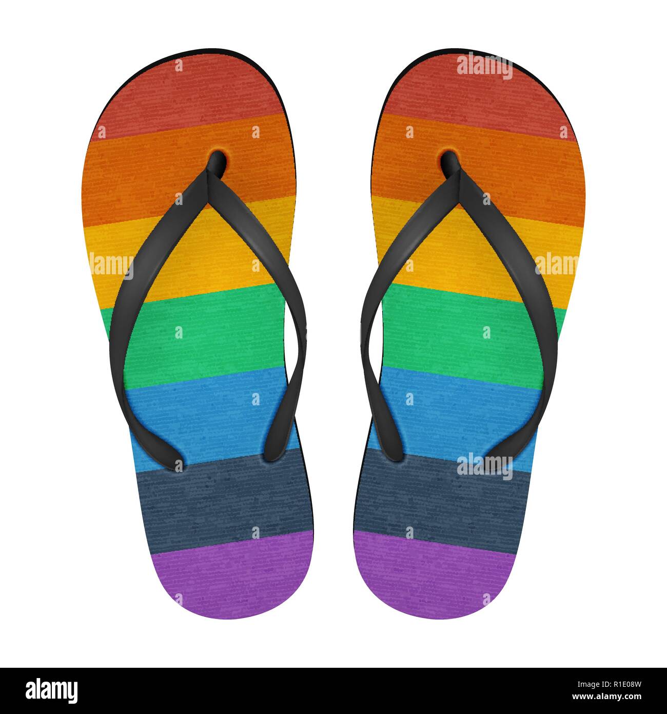 Vector Realistic 3d Colors of Rainbow Flip Flop Set Closeup Isolated on White Background. Design Template of Summer Beach Holiday Flip Flops Pair For Advertise, Logo Print, Mockup. Front View Stock Vector