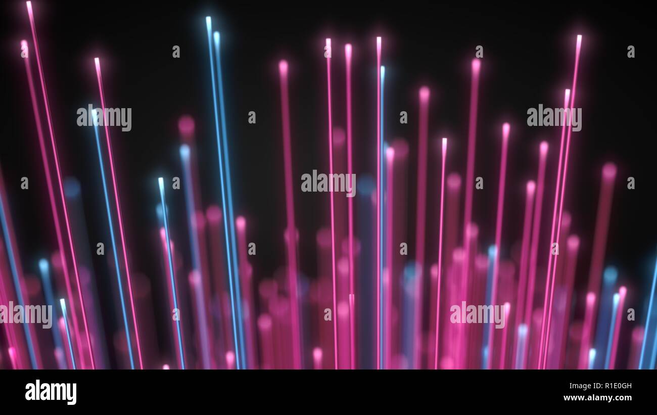 glowing fiber optic strings in dark. 3d illustration Stock Photo