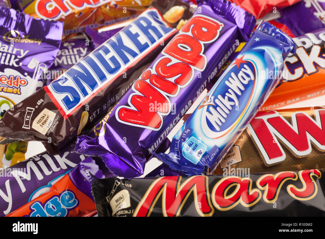 Lots of UK Chocolate Bars from Cadbury and Mars Stock Photo
