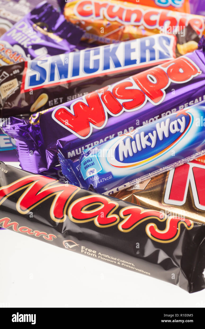 Range of UK Chocolate Bars from Mars and Cadburys Stock Photo