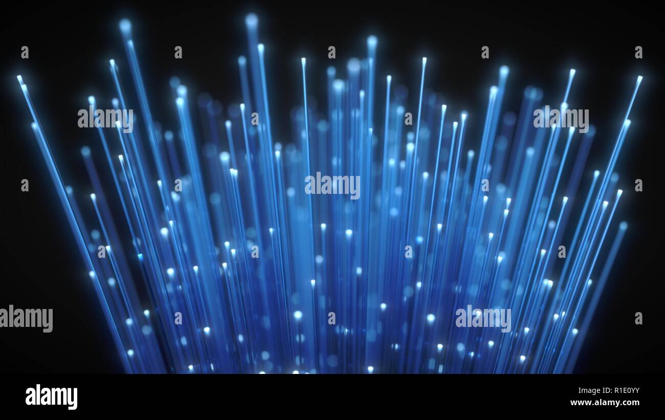 glowing fiber optic strings in dark. 3d illustration Stock Photo - Alamy