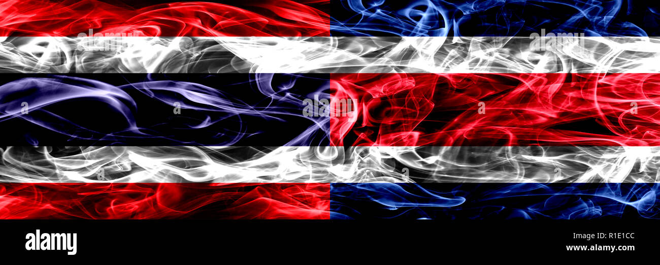 Thailand vs Costa Rica smoke flags placed side by side. Thick abstract