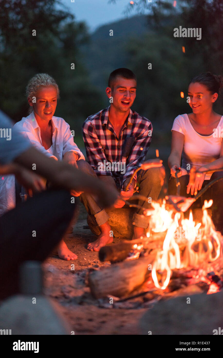 a group of happy young friends relaxing and enjoying summer evening ...
