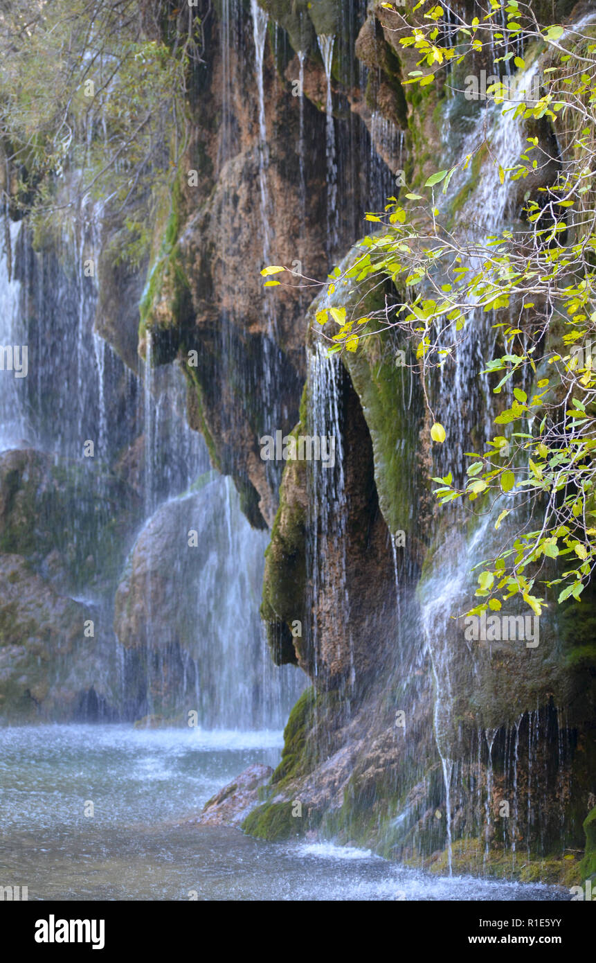 Tufas (Carbonate sinter deposits) and waterfalls in the Cuervo river, Cuenca, central Spain Stock Photo