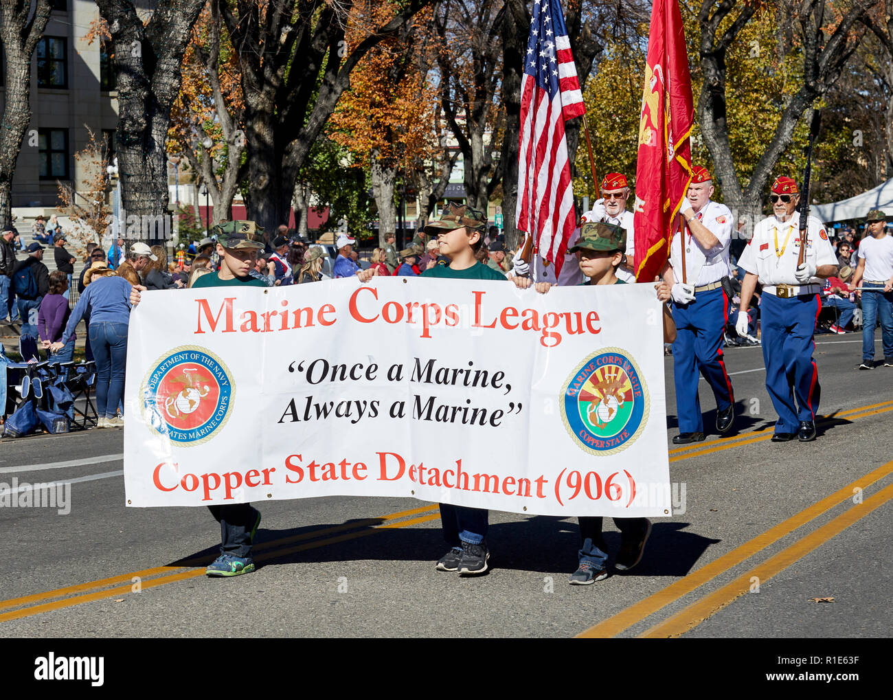 Prescott, Arizona, USA - November 10, 2018: Marine Corps Banner in the Veteran's Day Parade on Cortez St. Stock Photo