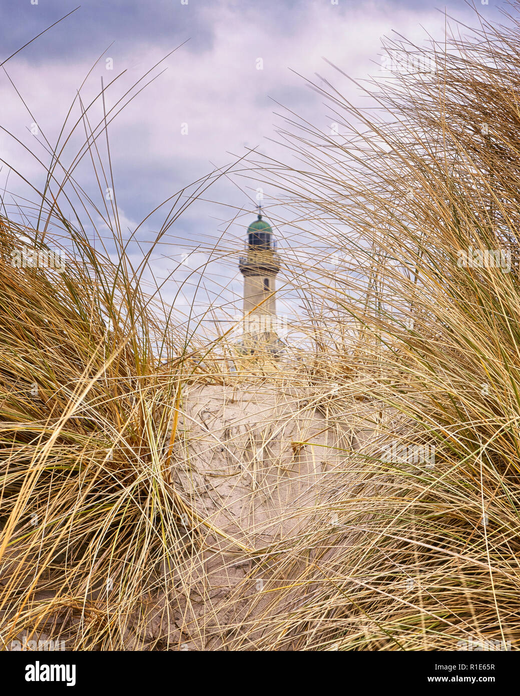 Lighthouse in Warnemünde in the dunes between the dune grass. Stock Photo