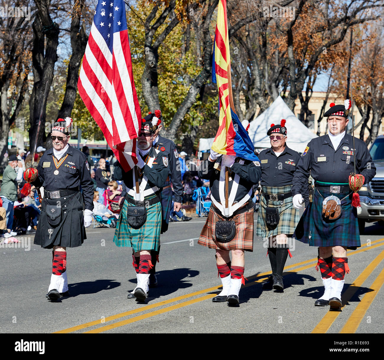 Prescott, Arizona, USA - November 10, 2018:Prescott High School marching band  in the Veteran's Day Parade on Cortez St. Stock Photo