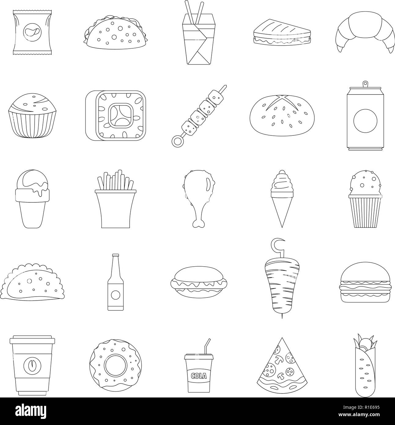 Fast food icons set. Outline illustration of 25 fast food vector icons for web Stock Vector