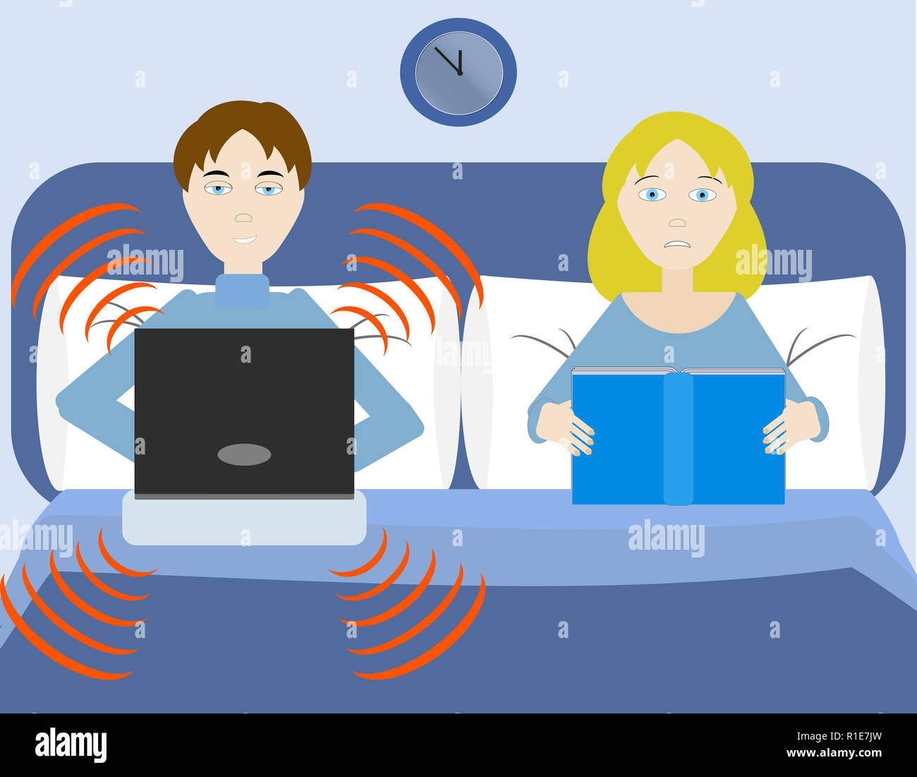 A man plays with his computer at bed disturbing his woman Stock Photo ...