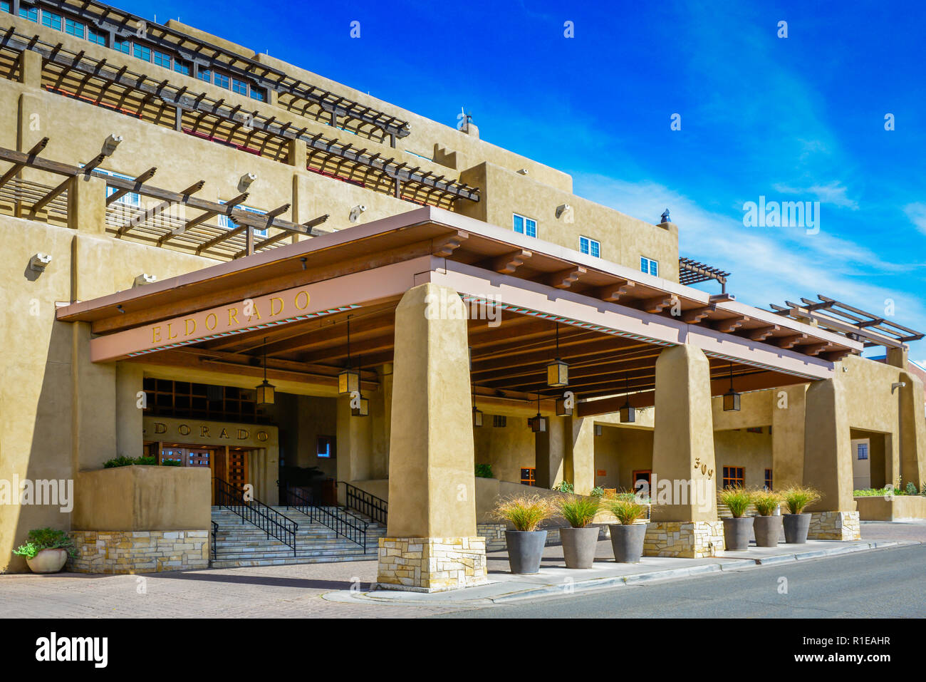 The Eldorado Hotel and Spa is a high-end luxury hotel in the heart of historic downtown Santa Fe, NM,  USA Stock Photo
