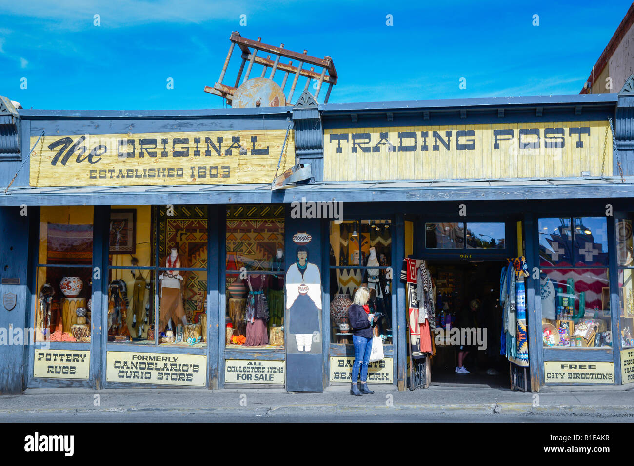 The original trading post store attracts visitors with it's eclectic merchandise and history in downtown Santa Fe, NM,  USA Stock Photo