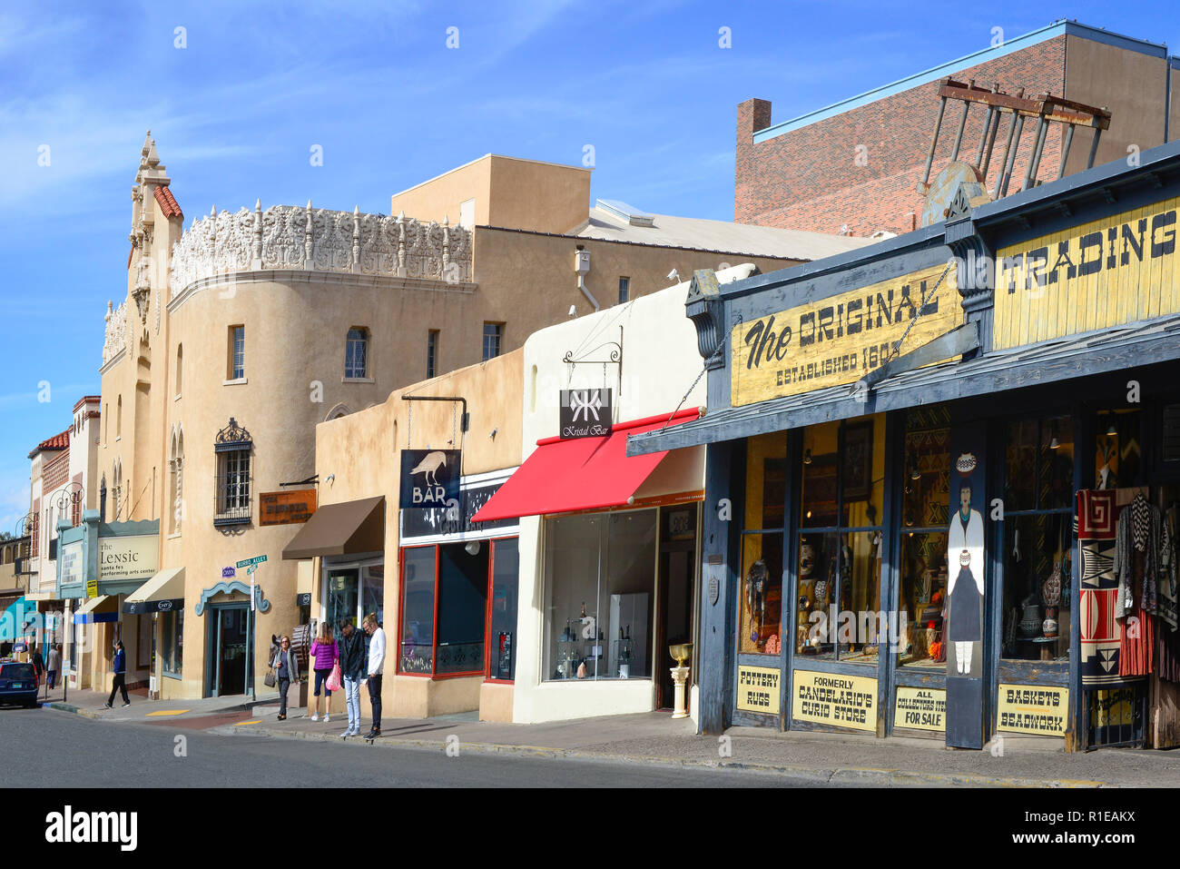 People enjoy the unique shopping and restaurants on West San Francisco Street in historic downtown Santa Fe, NM, USA Stock Photo