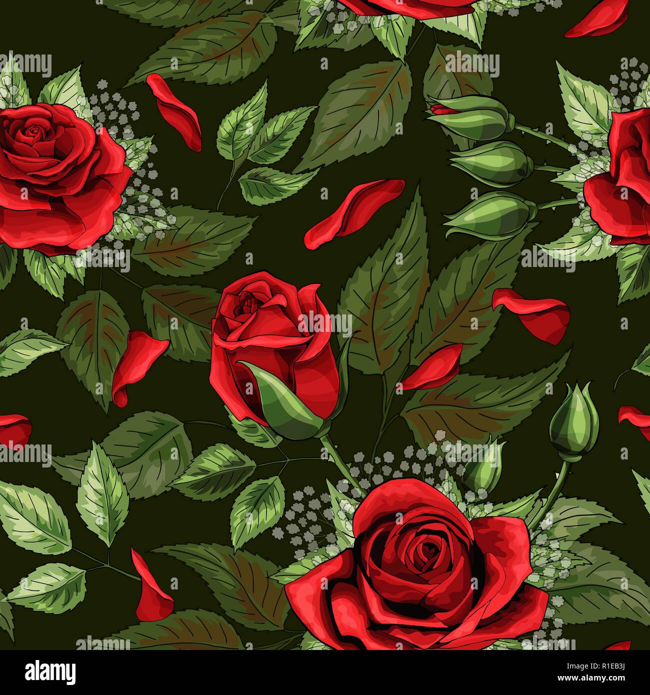 Red rose bouquets and green leaves elements seamless pattern Stock ...
