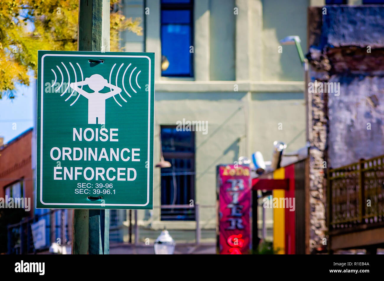 A noise ordinance enforcement sign is pictured on Dauphin Street, Nov. 3, 2018, in Mobile, Alabama. Stock Photo