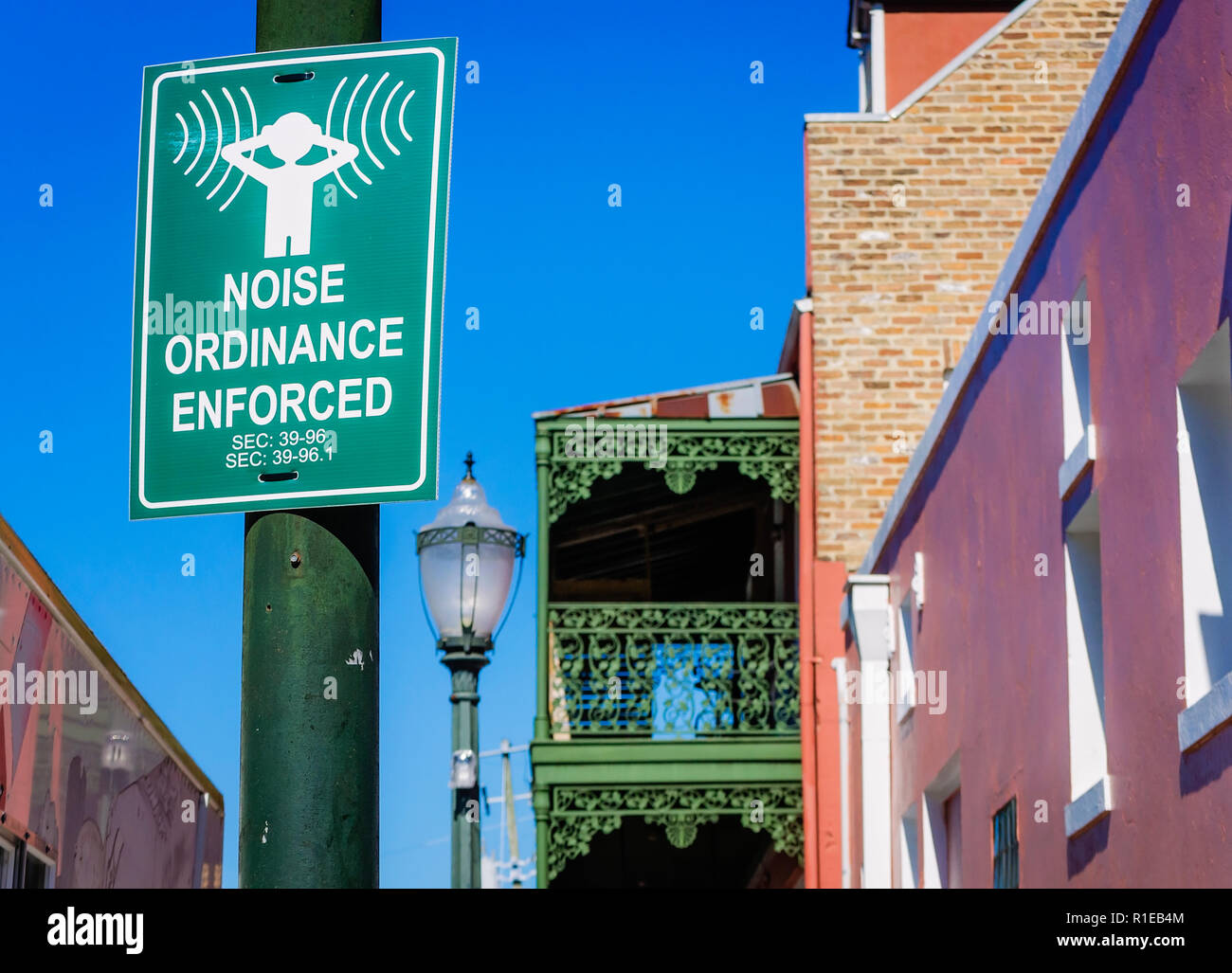 A noise ordinance enforcement sign is pictured on Dauphin Street, Nov. 3, 2018, in Mobile, Alabama. Stock Photo