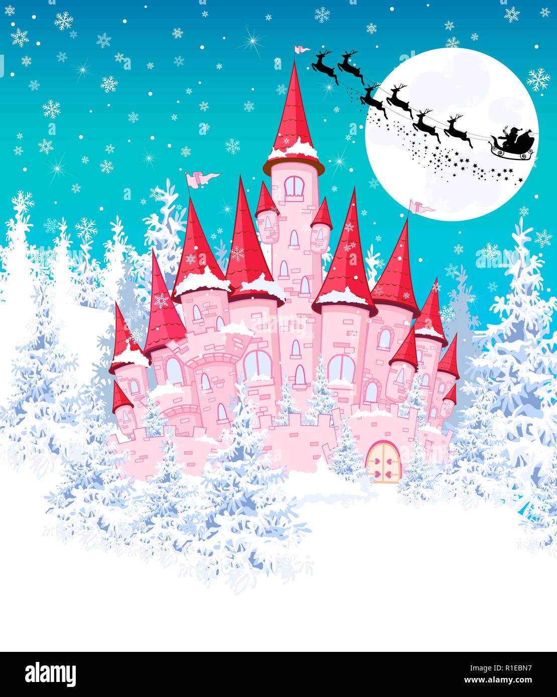 Cartoon pink castle on the background of winter snow-covered forest. Silhouette of Santa on a sleigh against the night sky and the moon.  Winter lands Stock Vector