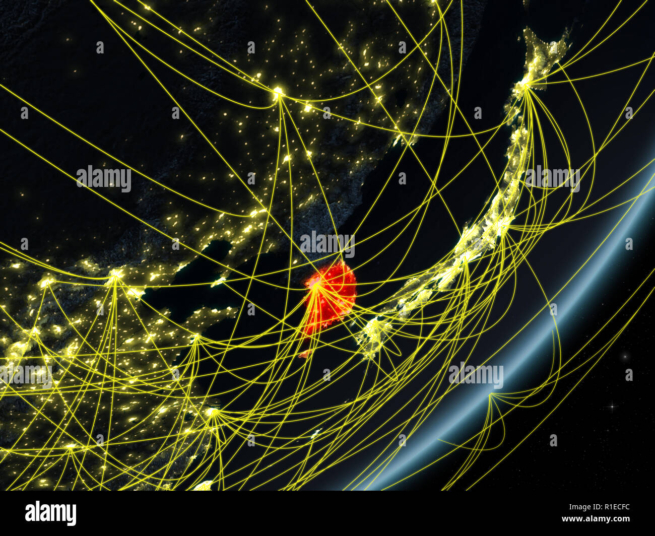 South Korea on model of planet Earth with network at night. Concept of ...