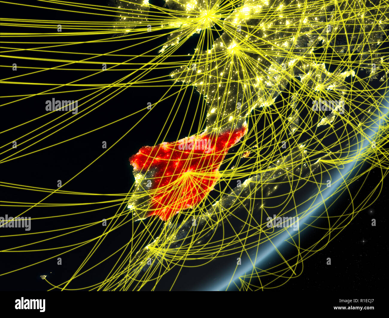 Spain on model of planet Earth with network at night. Concept of new ...