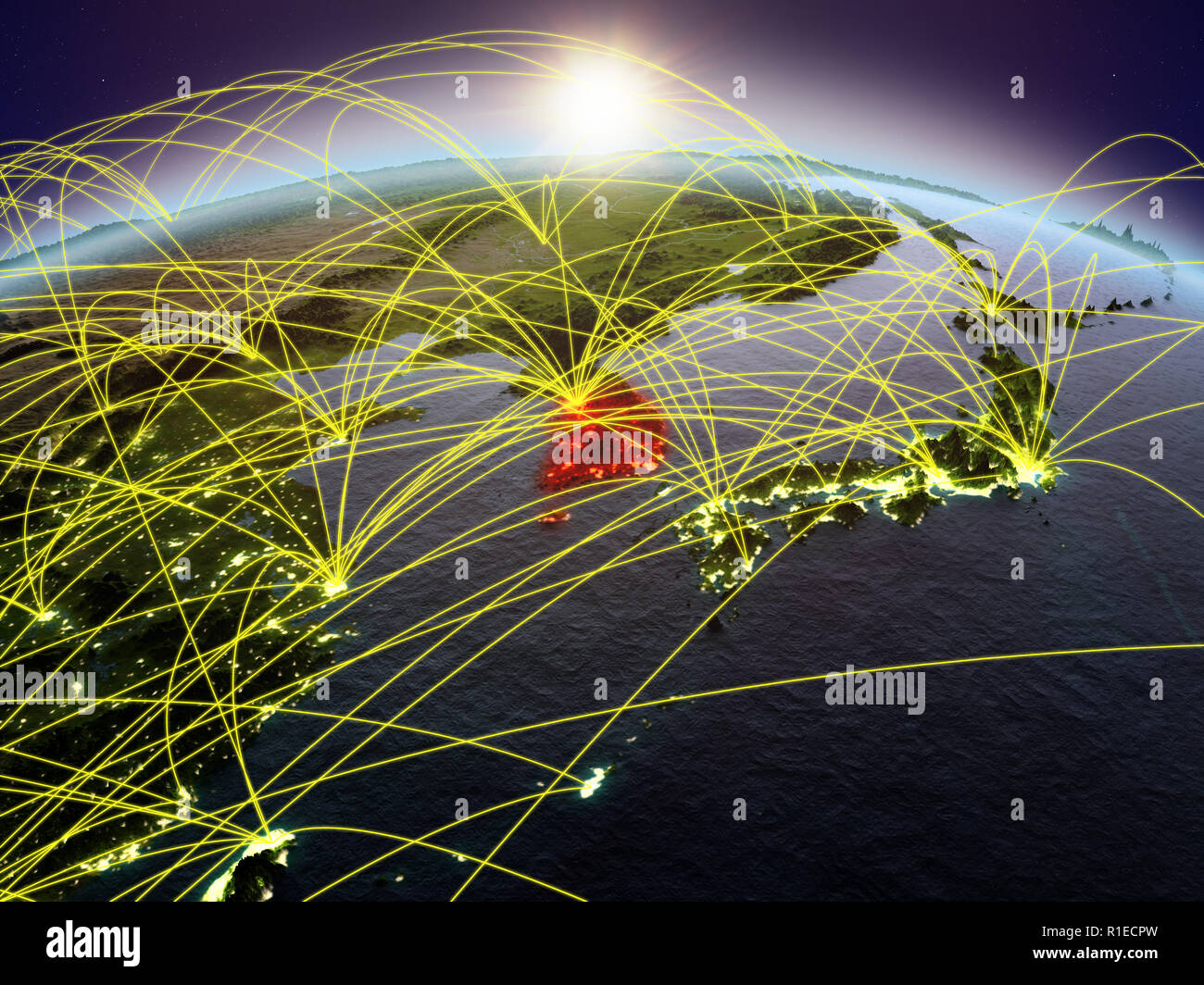 South Korea on planet Earth during dawn with international network ...