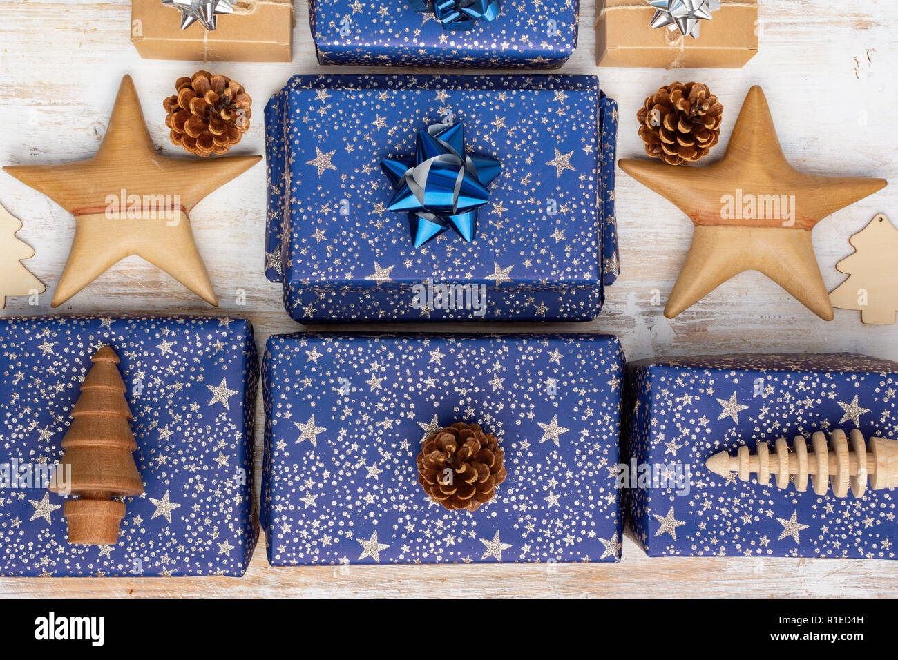 Creative Chritmas Composition Presents In Dark Blue Wrapping