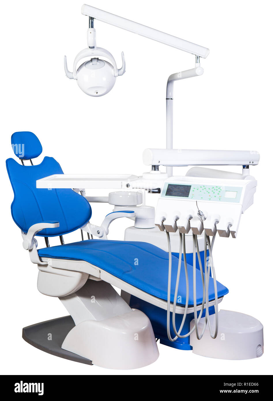 Modern medical special equipment blue dentist chair isolated on white