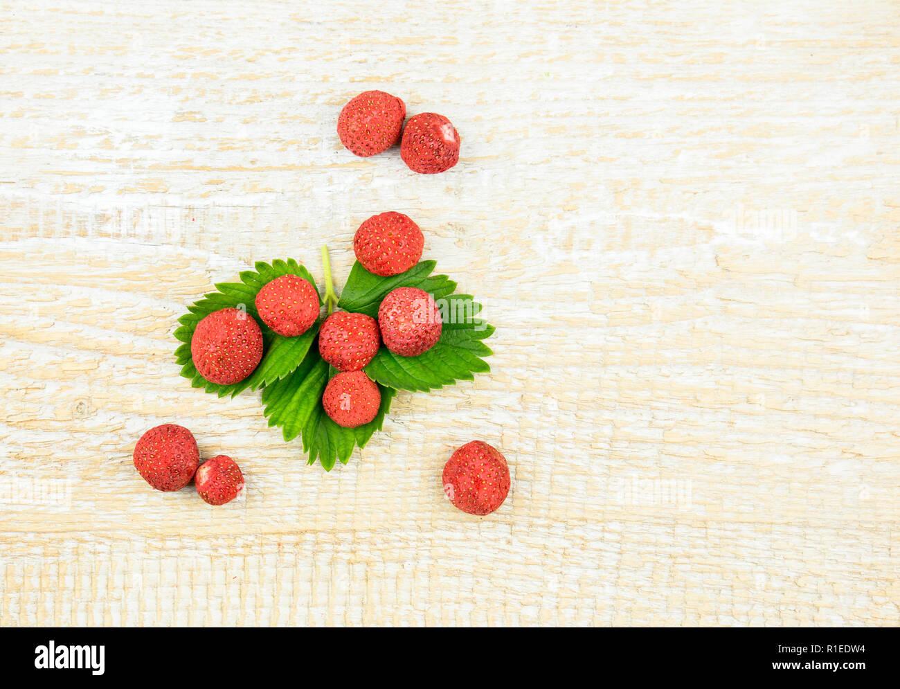 Freeze dried whole and pieces of strawberries on green strawberry leaf, healthy snack full of vitamins and nutrition on natural wooden background. Stock Photo
