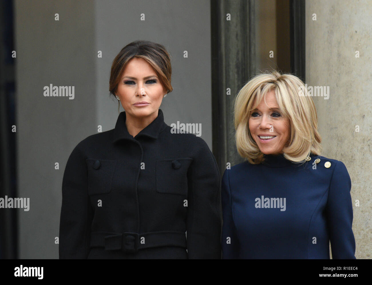 November 10, 2018 - Paris, France: The wife of French President Emmanuel Macron, Brigitte Macron meets US first lady Melania Trump at the Elysee palace. Brigitte Macron recoit la first lady americaine Melania Trump au palais de l'Elysee. *** FRANCE OUT / NO SALES TO FRENCH MEDIA *** Stock Photo