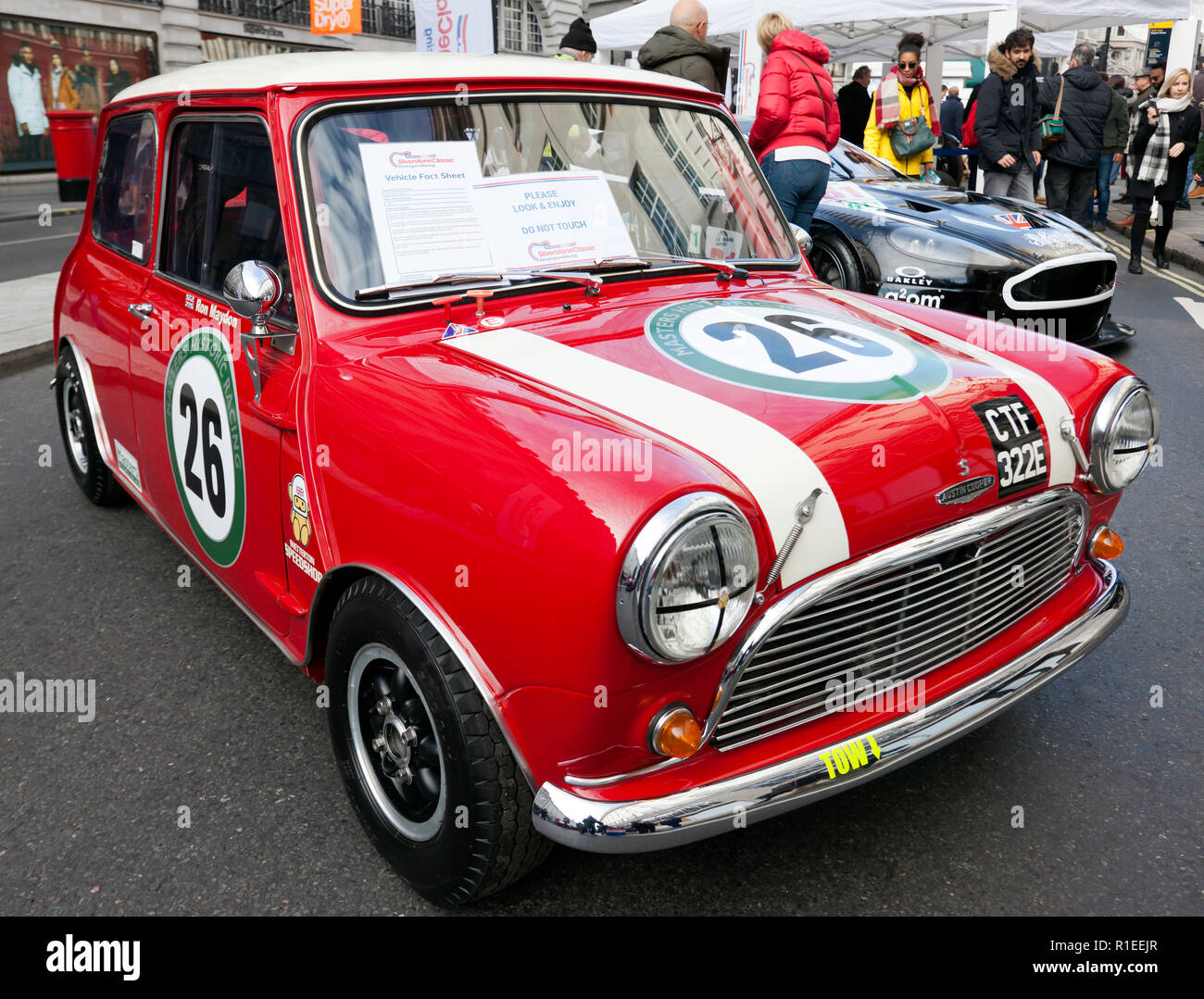 Three-quarter front view of Ron Maydons, 1965 Austin Mini Cooper S, on display at the Regents Street Motor Show 2018 Stock Photo