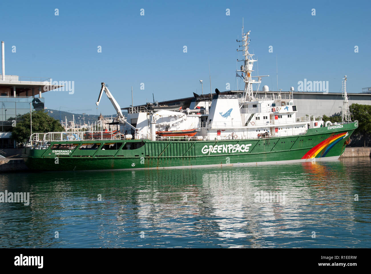 Esperanza ship of the Greenpeace organization, moored by its port side in the Maremagnum dock of the port of Barcelona, Spain. July 23, 2018. Stock Photo