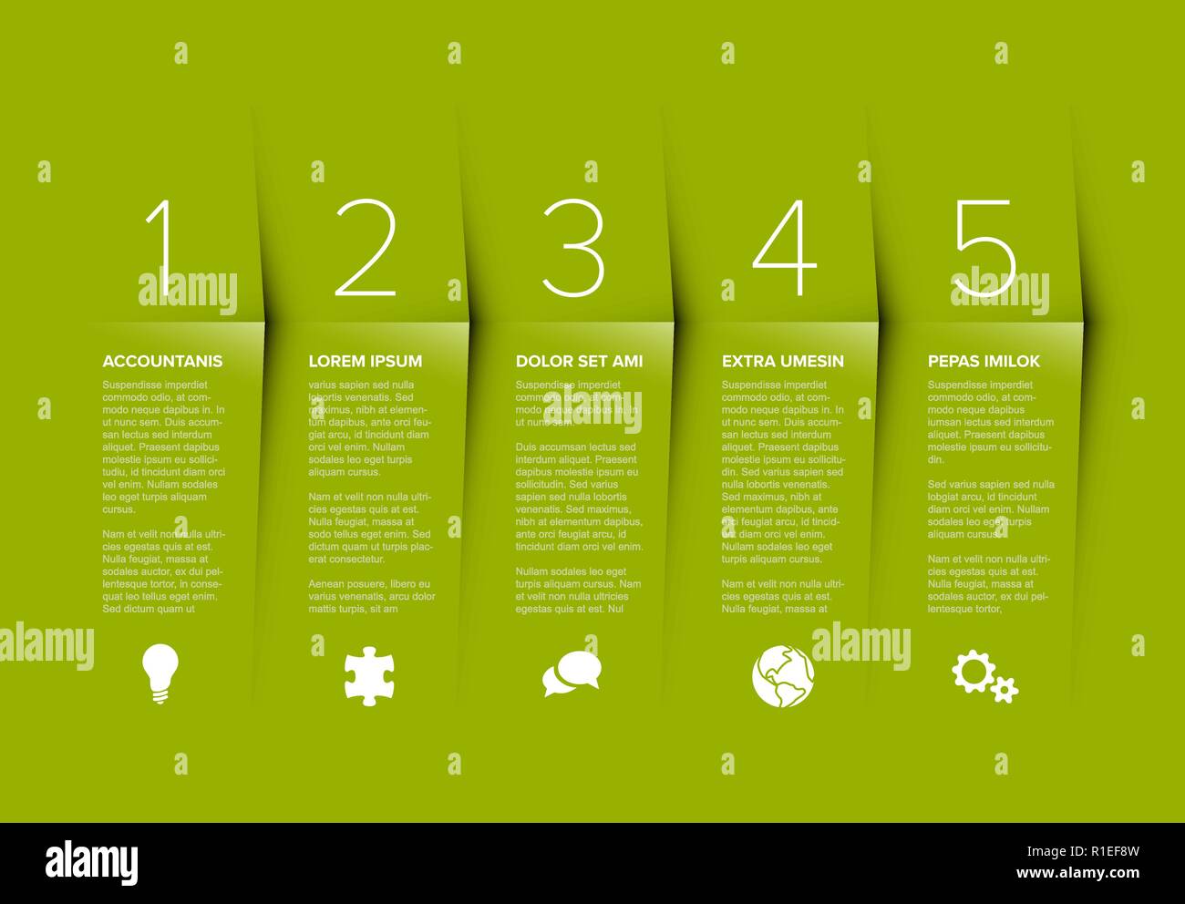Vector green five steps progress template with descriptions and icons ...