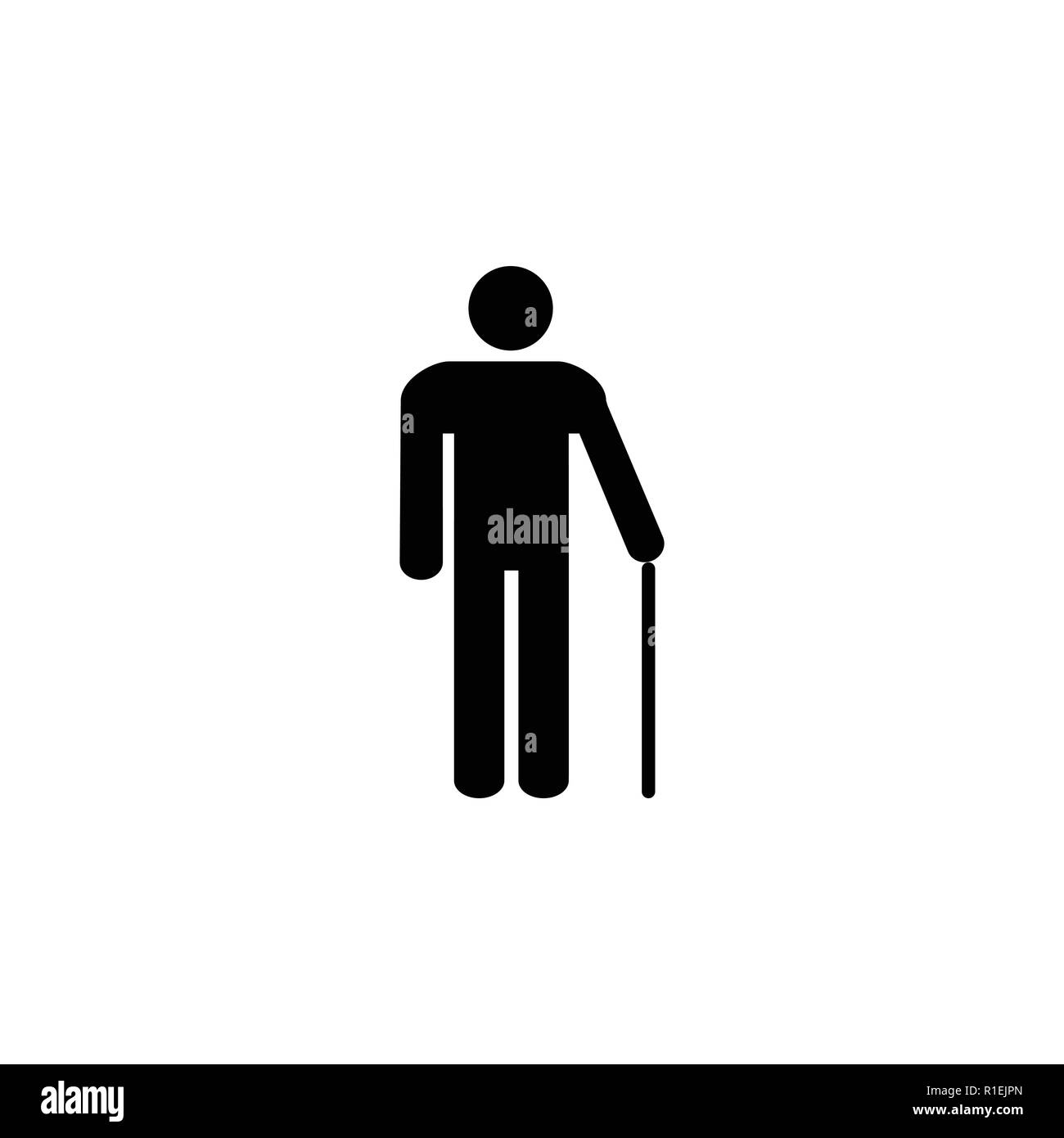 Standing old man silhouette with a walking stick, restroom sign. Black on white background. Flat design. Vector Stock Vector