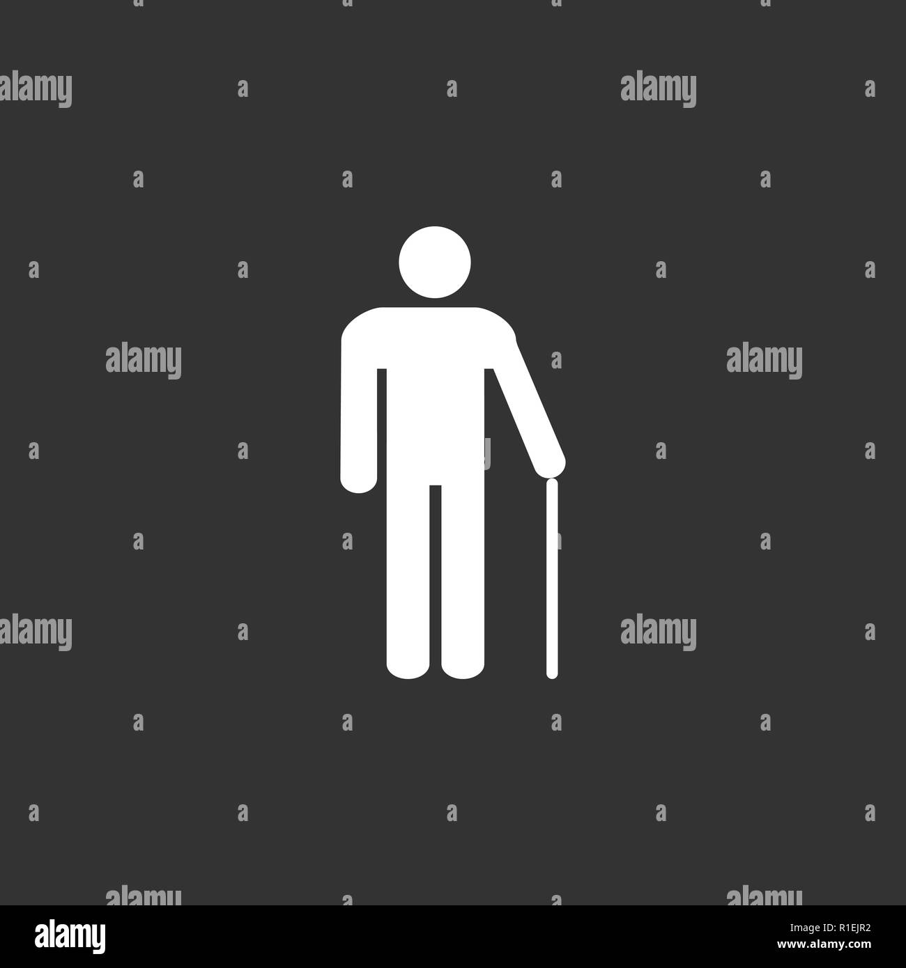 Standing old man silhouette with a walking stick, restroom sign. Black on white background. Flat design. Vector Stock Vector
