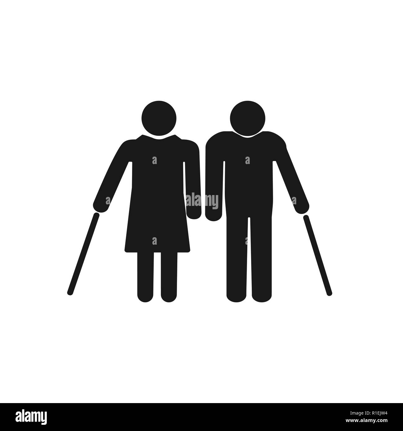 Old woman, man with a cane. Grey on white background. Flat design. Vector Stock Vector