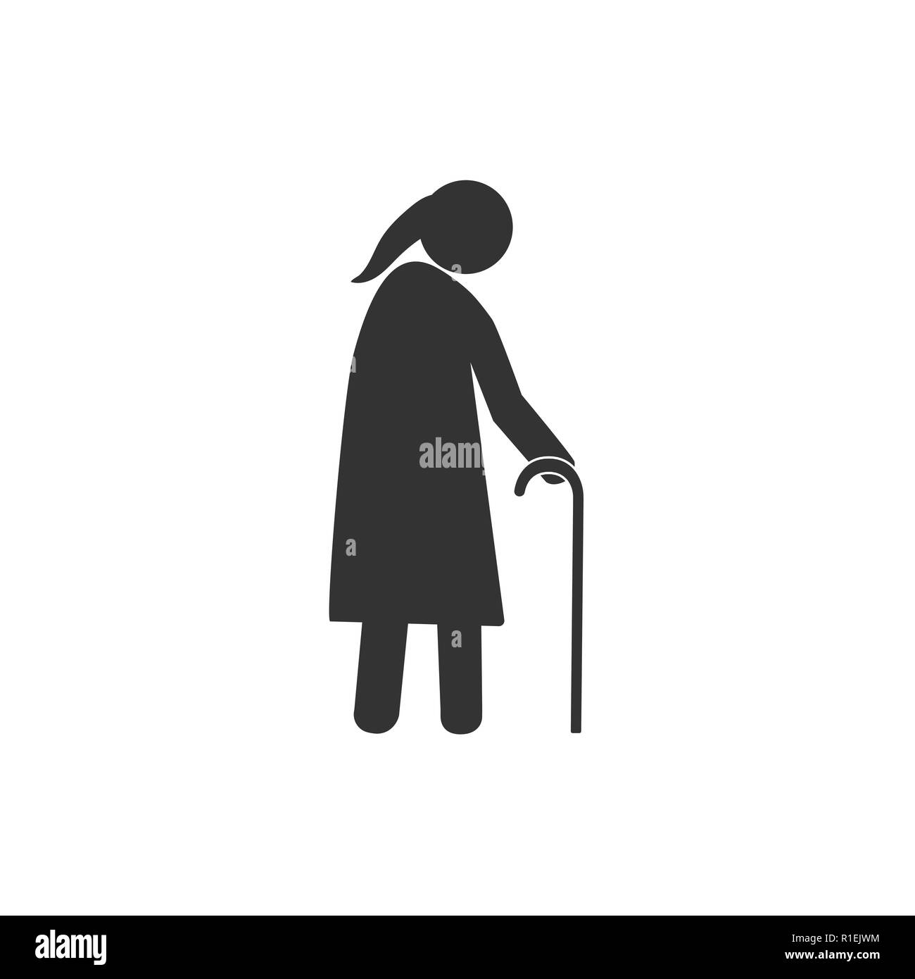 Old woman with a cane. Grey on white background. Flat design. Vector Stock Vector