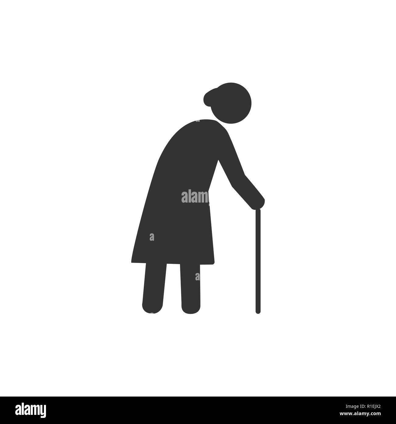 Old woman with a cane. Grey on white background. Flat design. Vector Stock Vector