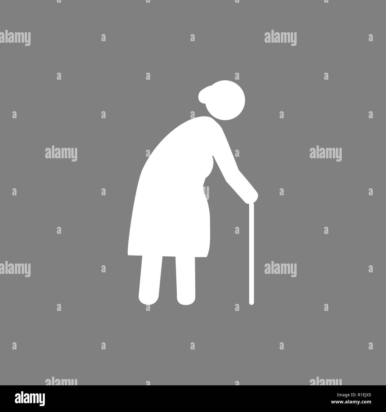 Old woman with a cane. Grey on white background. Flat design. Vector Stock Vector