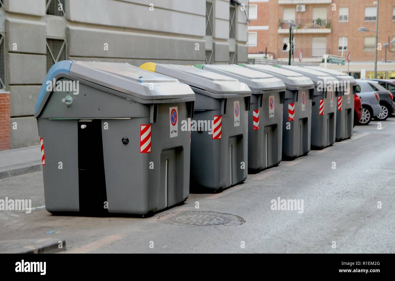 Murcia, Spain August 4 2018 Large municipal rubbish or garbage bins