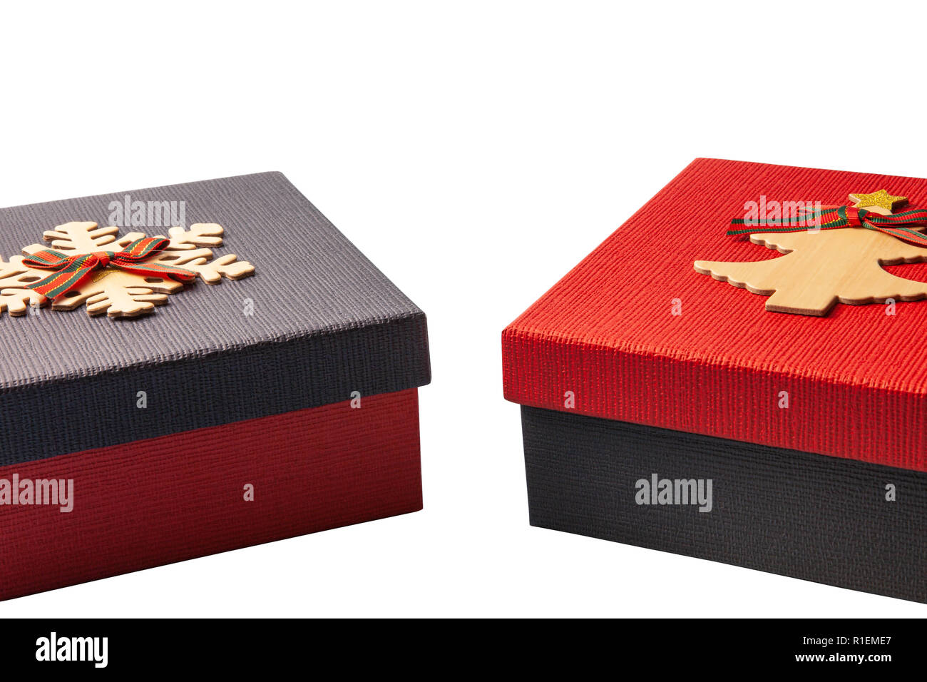 Gift boxes of blue and red on an isolated white background Stock Photo