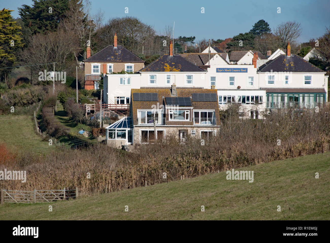 Southfacing properties at Eype, Bridport, Dorset Stock Photo Alamy