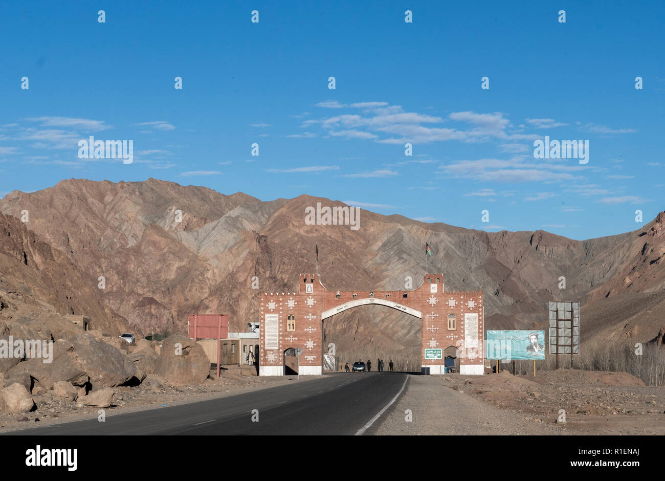 Entrance Gate To The Bamyan Valley With Police Check Point, Bamyan Province, Afghanistan Stock Photo