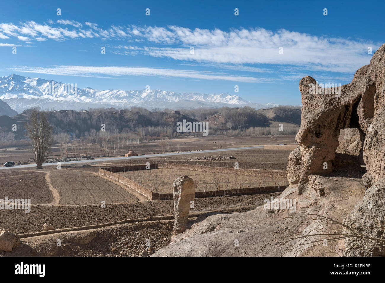 View Of Bamyan Valley In Winter With Snow-Capped Mountains In The Background, Bamyan Province, Afghanistan Stock Photo