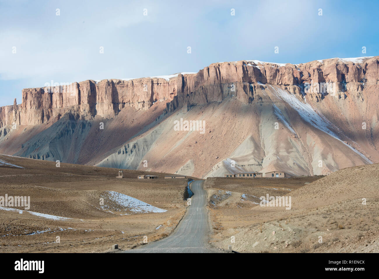 Road Towards Band-e Amir Lake With Snow-Capped Mountains In The Background, Band-e Amir National Park, Bamyan Province, Afghanistan Stock Photo