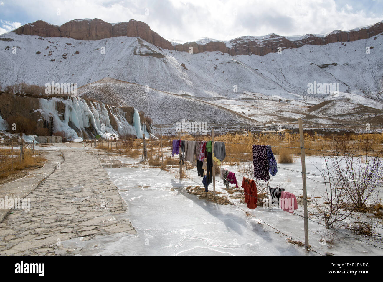 Villagers Drying Laundry Near Band-e Amir Lake, Band-e Amir National Park, Bamyan Province, Afghanistan Stock Photo