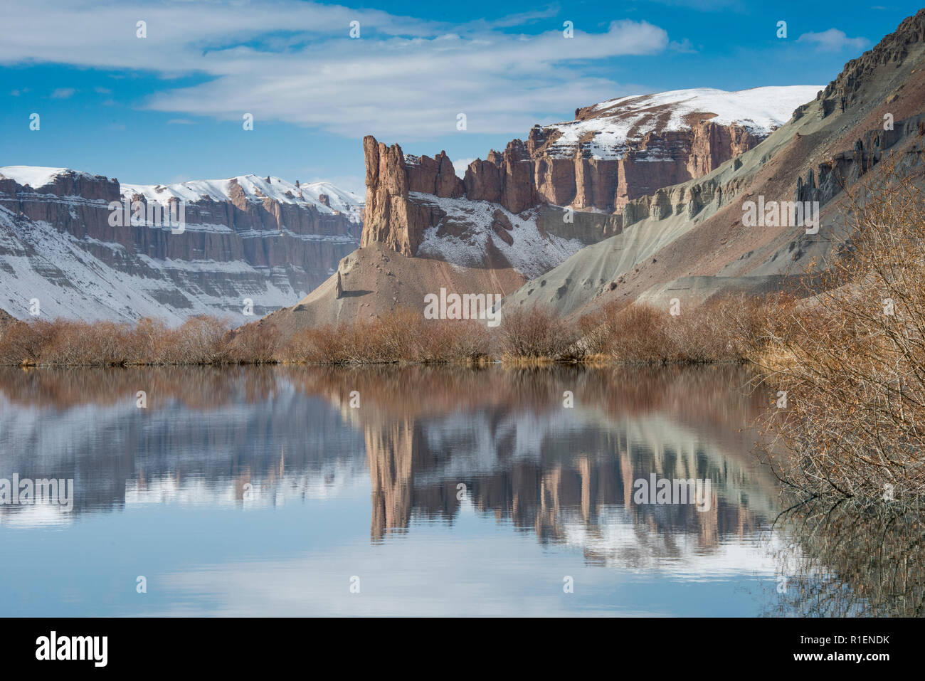 Mountains Reflecting On Band-e Amir Lake, Band-e Amir National Park, Bamyan Province, Afghanistan Stock Photo