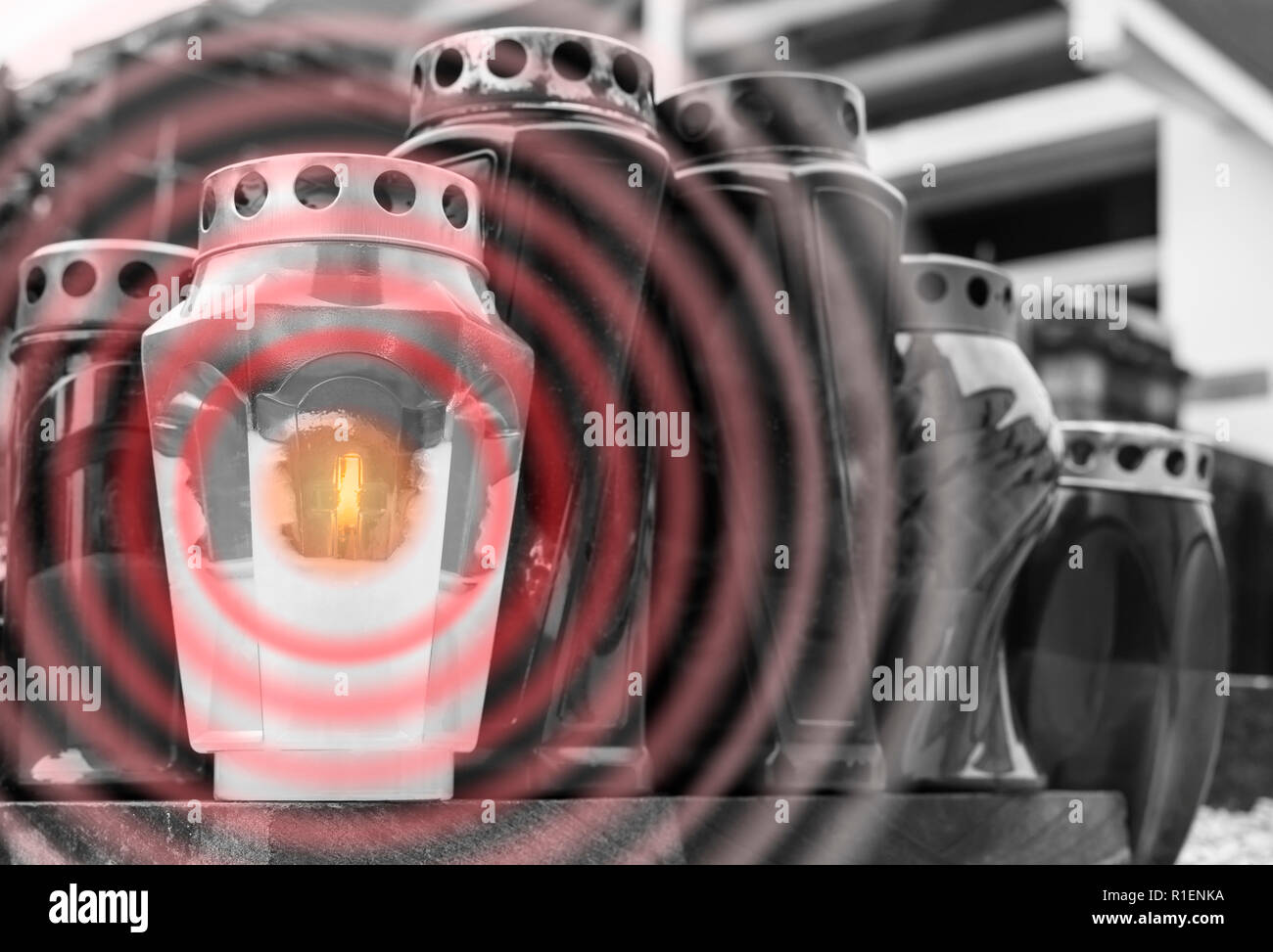 Group of burning candles with circular effect around flame Stock Photo
