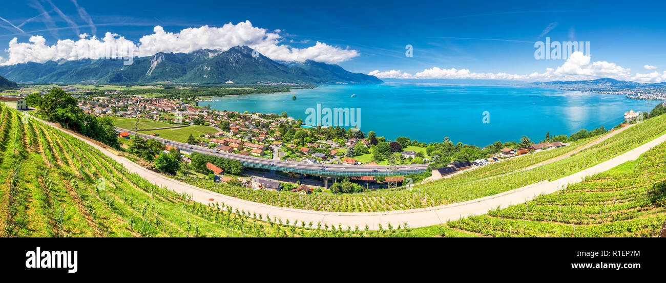 Panorama view of Montreux city with Swiss Alps, lake Geneva and vineyard on Lavaux region, Canton Vaud, Switzerland, Europe. Stock Photo