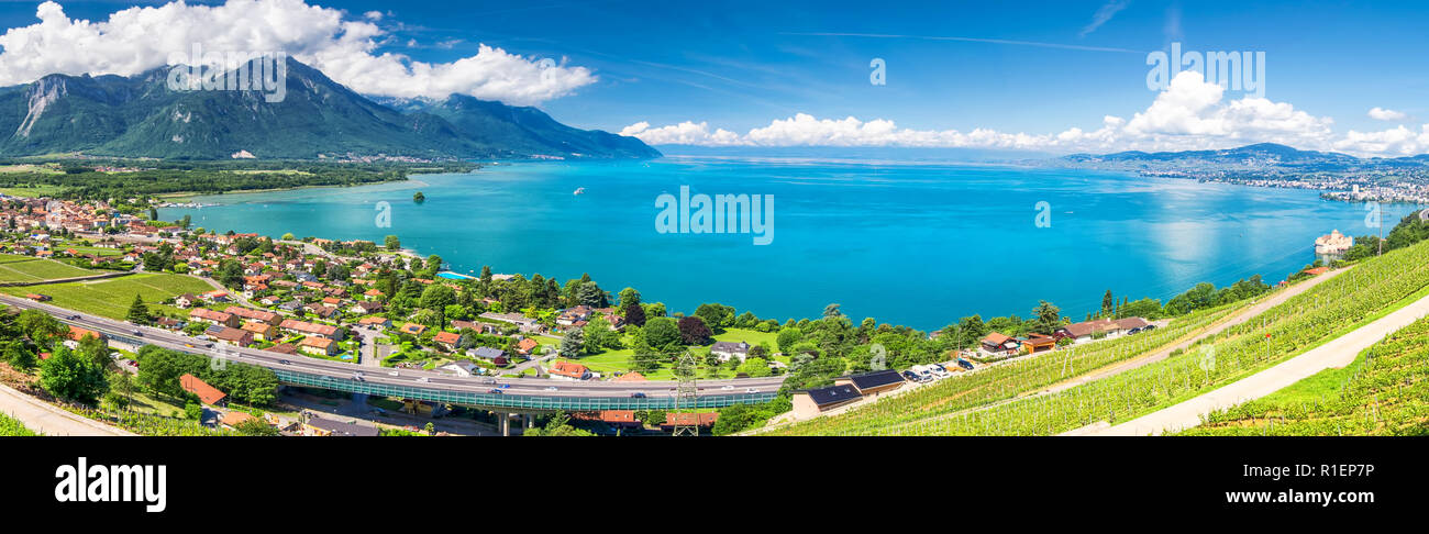 Panorama view of Montreux city with Swiss Alps, lake Geneva and vineyard on Lavaux region, Canton Vaud, Switzerland, Europe. Stock Photo